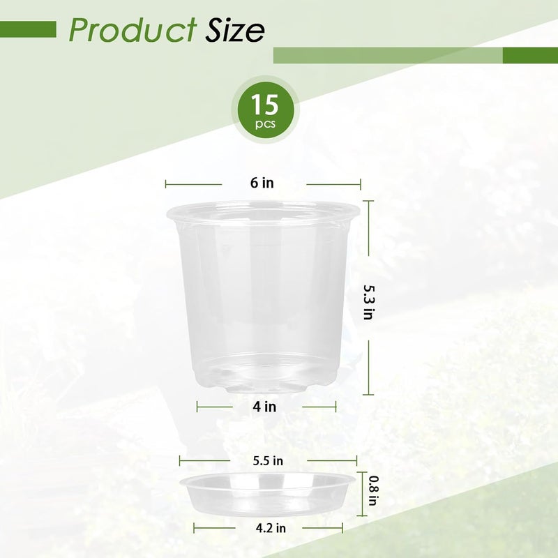 FUIJOL 6 Inch Clear Nursery Pots for Plants with Sacuers 15 Pack, Plastic Flower Pots with Drainage Holes, Variety Pack Seedlings Garden Pot for Indoor Outdoor (6 inch) - Image 2